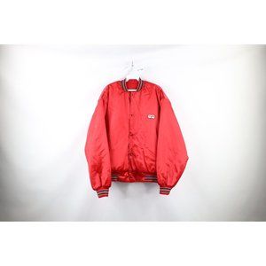 Vintage 80s Spalding Mens Large Spell Out Insulated Satin Bomber Jacket Red USA
